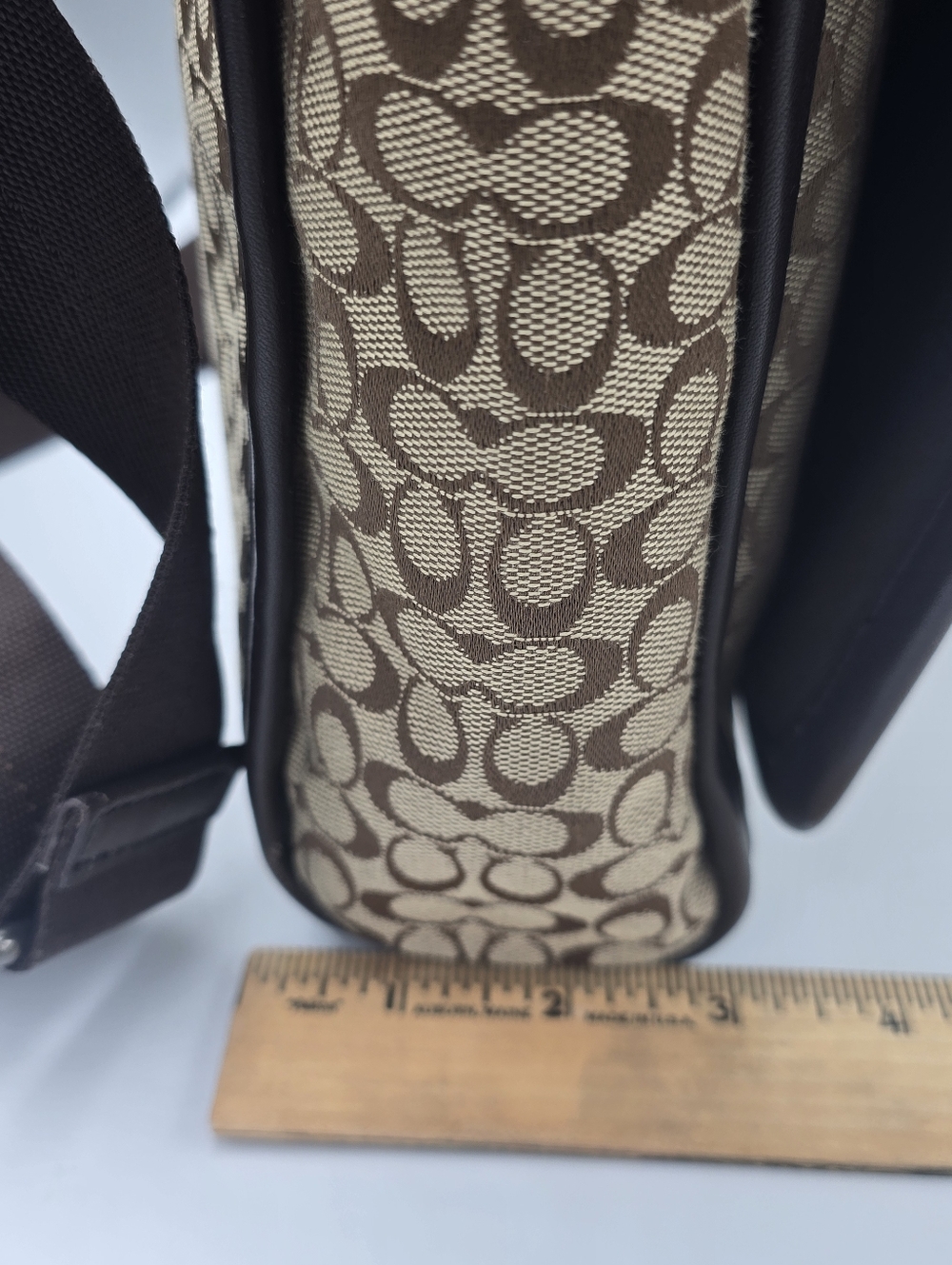 COACH F70699 Brown Signature Canvas Messenger Bag Adjustable Strap Leather Trim - Picture 9 of 16